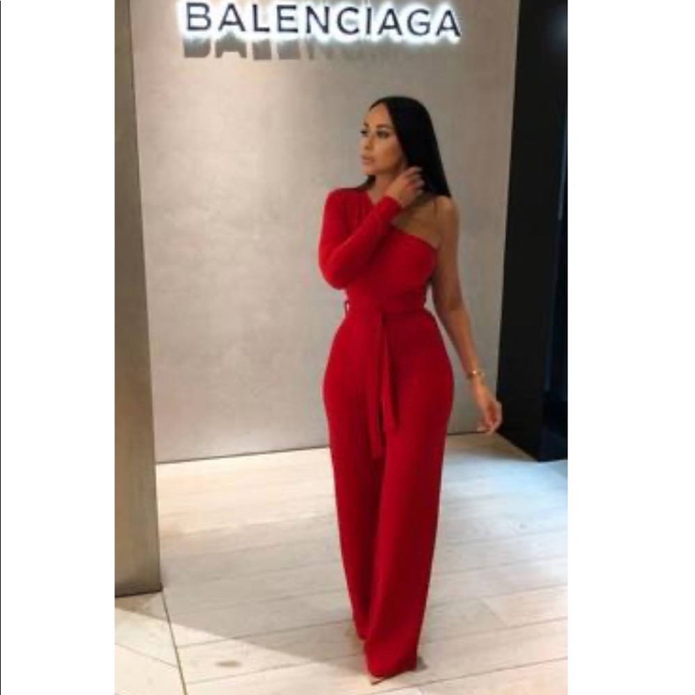 Red one shoulder jumpsuit